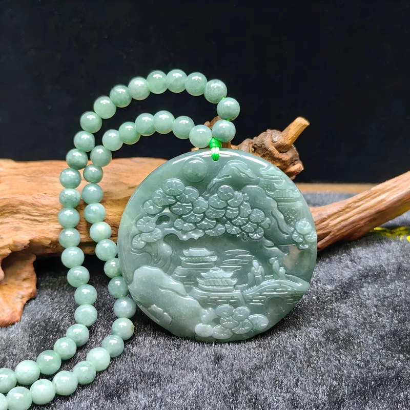Jadeite Blue Water Landscape Pendant, Hand-Carved Exquisite Jade Art