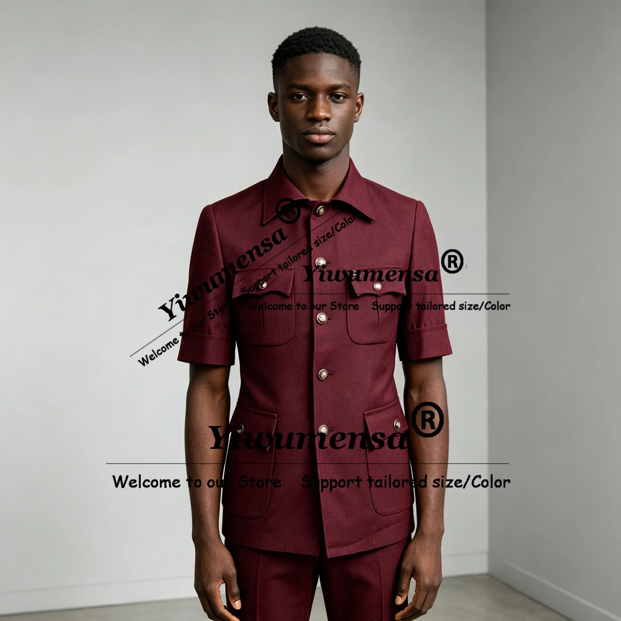 Elegant African Suits Man Short Sleeves Jacket Pants 2 Pieces Sets Safari Style Men's Blazer Customized Groom Dinner Tuxedos