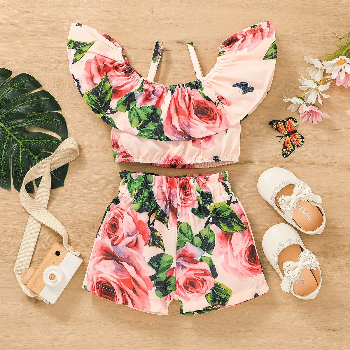 PatPat 2pcs Baby Girl Floral Print Pink Off Shoulder Spaghetti Strap Ruffle Crop Top and Shorts Set Perfect for Outings