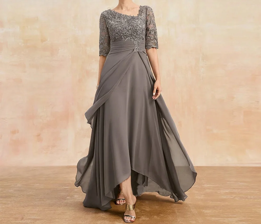 Lace Chiffon Asymmetrical Elegant half Sleeve Mother of the Bride Dresses 2024 Wedding Guest Dress Appliques Formal Occasion Gow