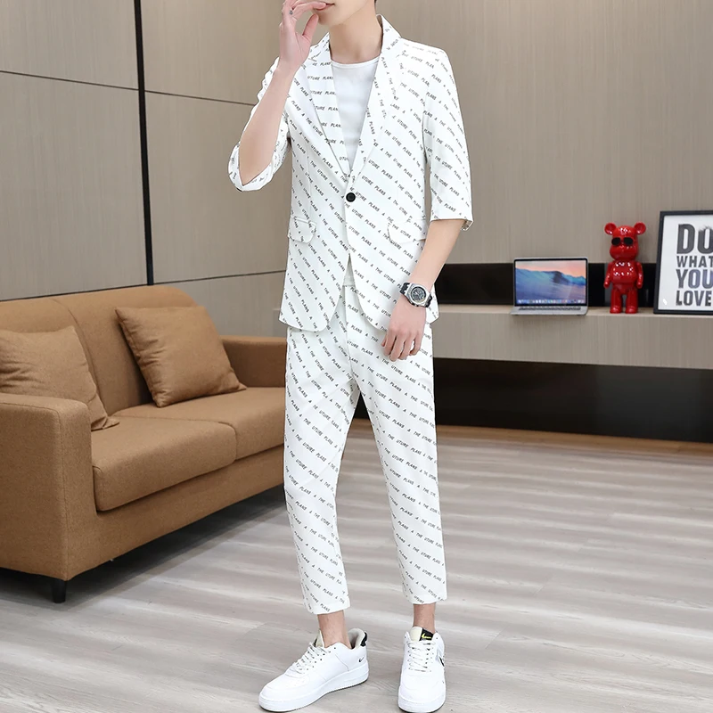 

Slim Fit Casual mid Sve Seven Quarter Sve Men's Suit Summer Korean Sle Westwear Set Classy Polyester Blend Youth Trend