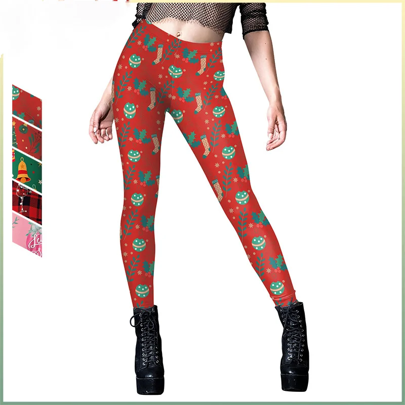 Nadanbao Christmas Funny Holiday Party Pants Women Elk Print Leggings Girls Elastic Tights Mid Waist Trousers