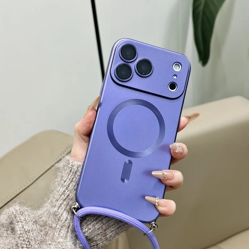 Luxury Metallic Paint Lanyard Matte Magnetic Phone Case For IPhone 17 16 15 14 13 12 11 Pro Max Air Shockproof Protective Cover
