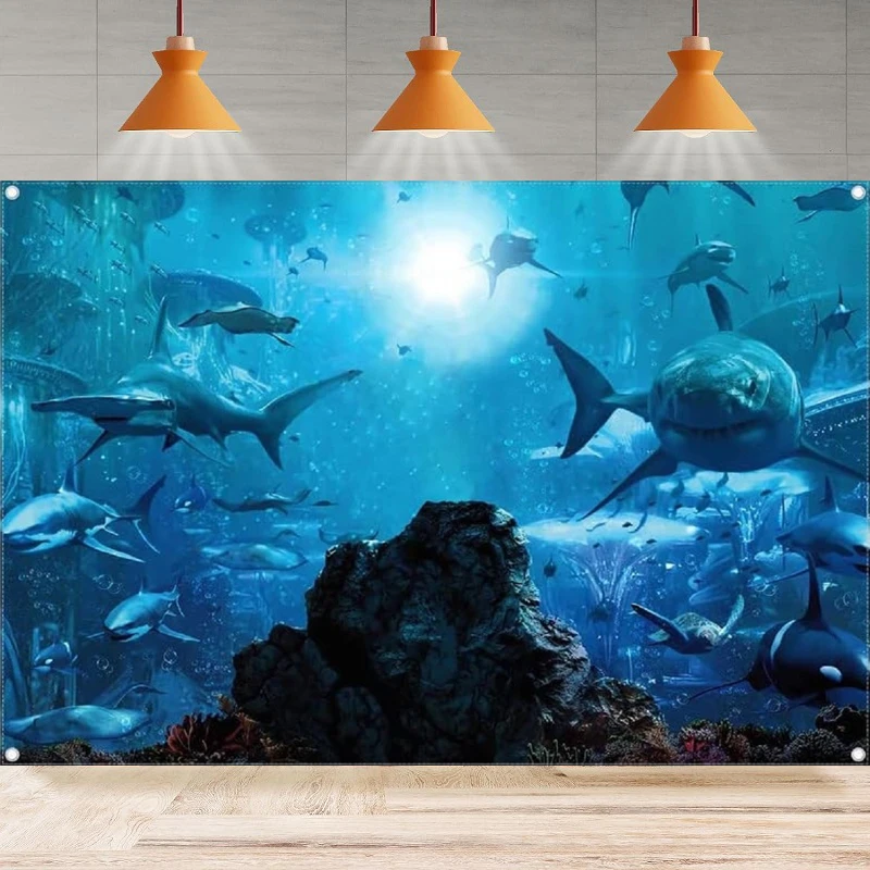 Shark Under The Sea Photography Backdrop Aquarium Ocean World Background For Kids Adults Birthday Party Home Decor Poster Banner