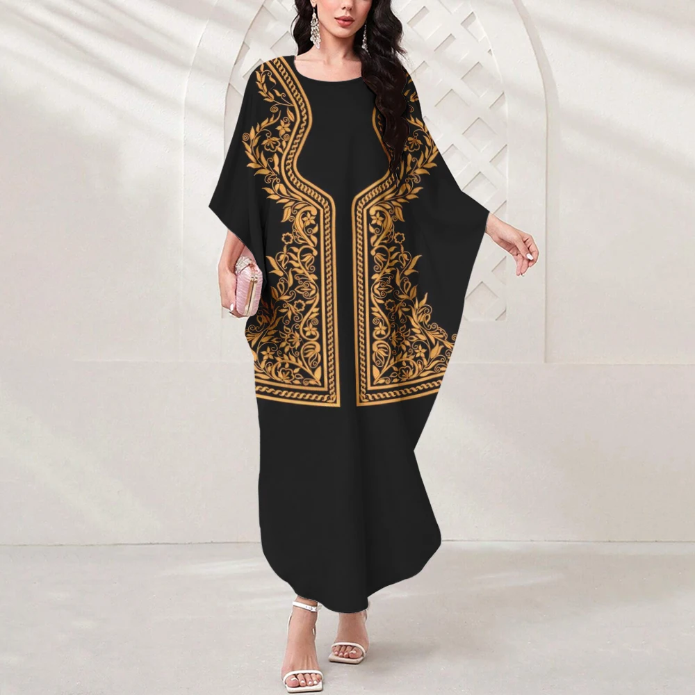 New Muslim Summer Abaya Ladies Batsleeve Loose Dress O Collar High-End Party Exquisite Dress Dubai Gilbab Muslim Abaya Dress