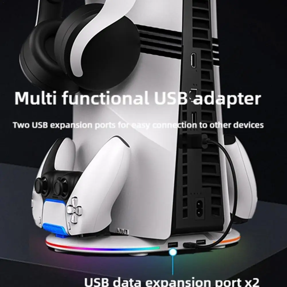 

For Pro RGB Light Vertical Stand Base With 2 USB Charging Port Headphone Stand Type C Charger For Controllers