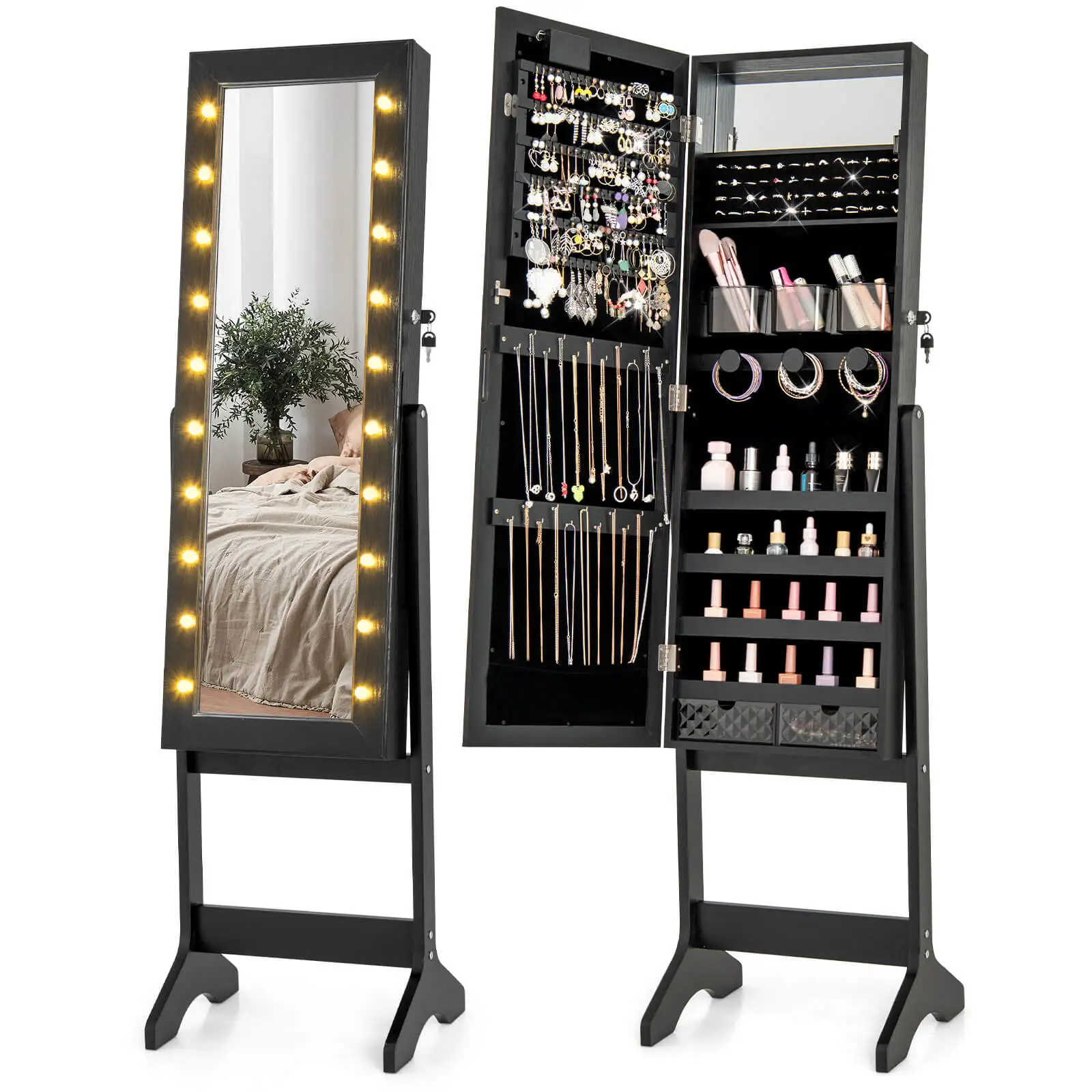 LED Mirror Jewelry Cabinet w/20 LED Lights Full-Length Mirror Adjustable Angles