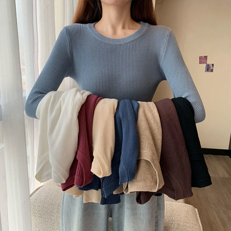 Rimocy Basic Round Neck Knit Sweater Women Spring Autumn Ribbed Long-sleeved Sweaters Woman Solid Color Slim Fit Pull Femme 2022