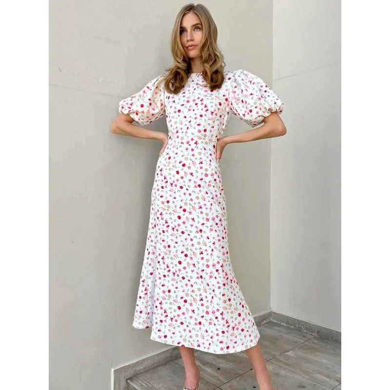 Robe florale vintage de style français pour femmes, manches à bulles élégantes, robe en queue de poisson, taille haute, printemps, nouveau, 2024