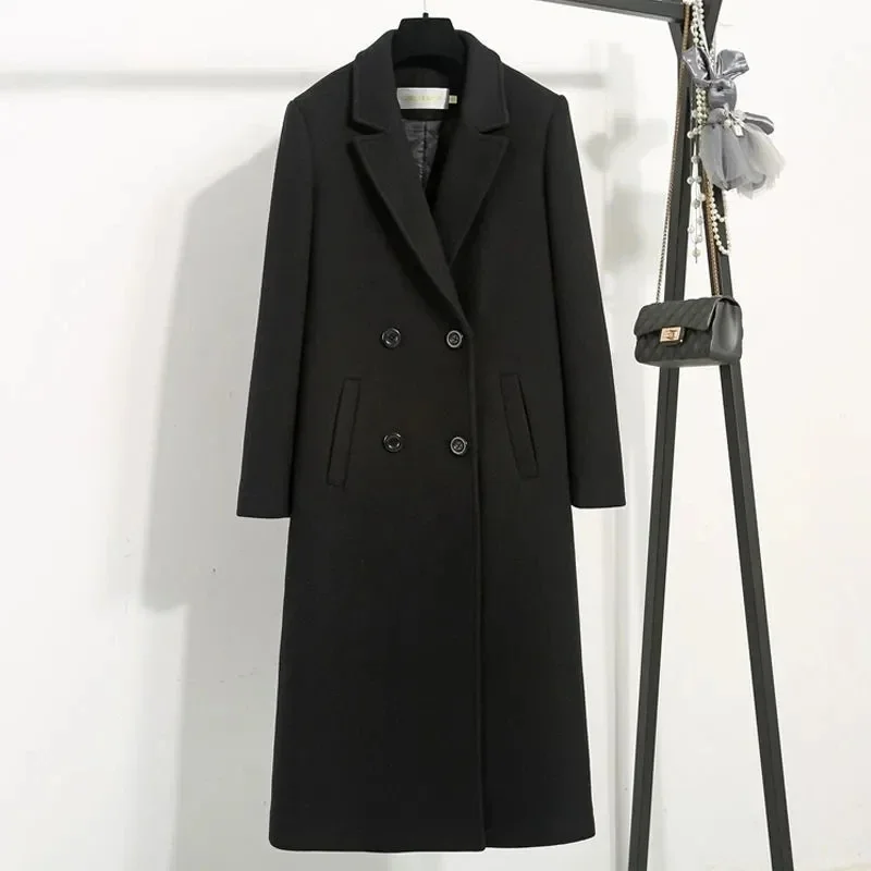

2024 Autumn Winter Women's Loose Classic Black Woolen Coat 2024 New Korean Fashion Thick Woolen Blend Female Jacket Q88