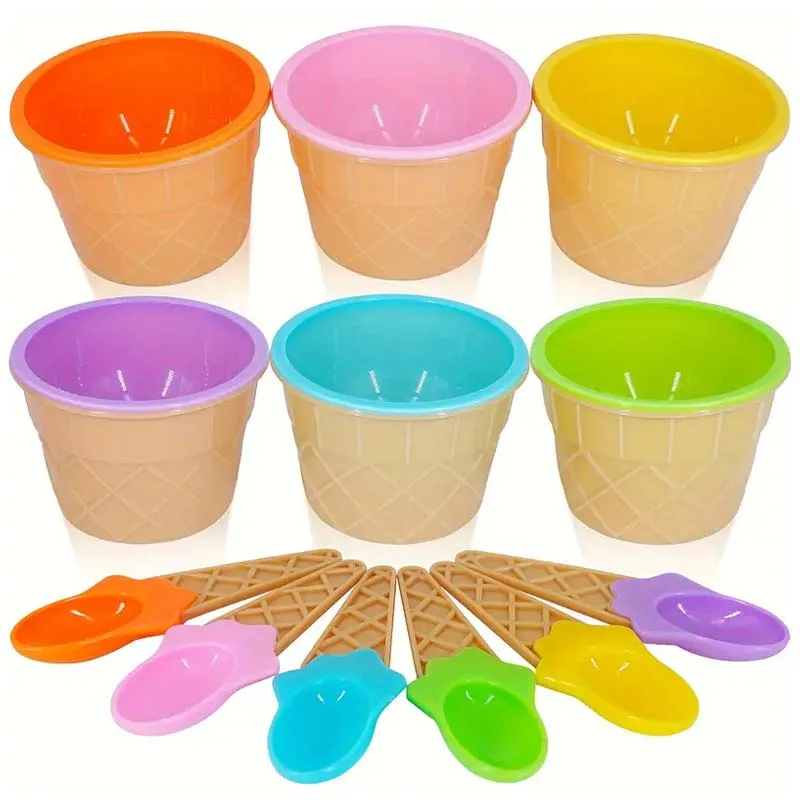 6 Sets Ice Cream Bowl and Spoon Plastic Reusable Ice Cream Bowl Cartoon Egg Cone Children Fruit Dessert Bowl Kitchen Accessories