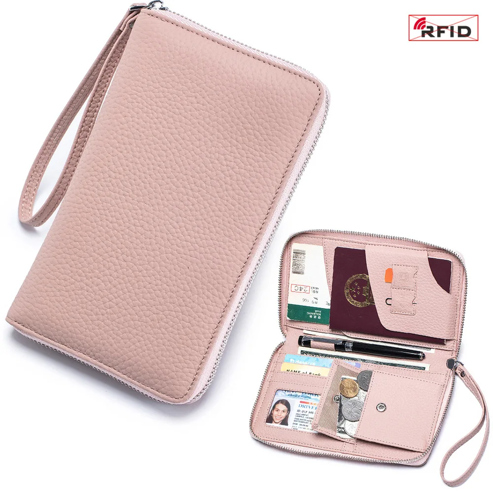 Passport Holder for Women RFID Blocking Travel Passport Case Credit Card Holders Ladies Zipper Bifold Wallets with Wrist Strap