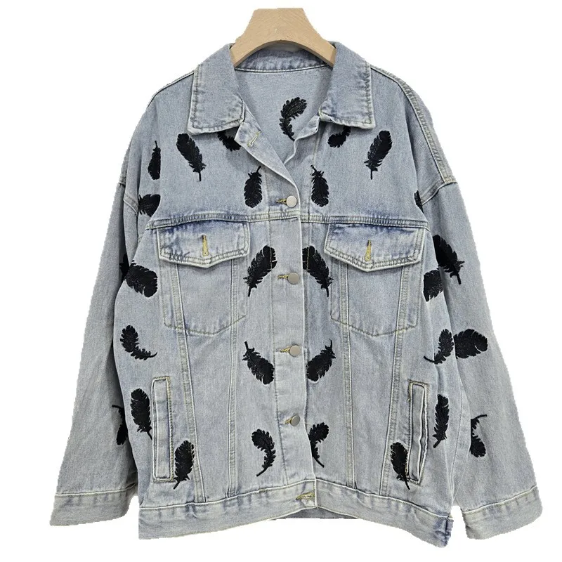 

SuperAen Spring and Autumn 2025 New Feather Embroidery Design Loose Denim Jacket for Women Long Sleeves Casual Coats
