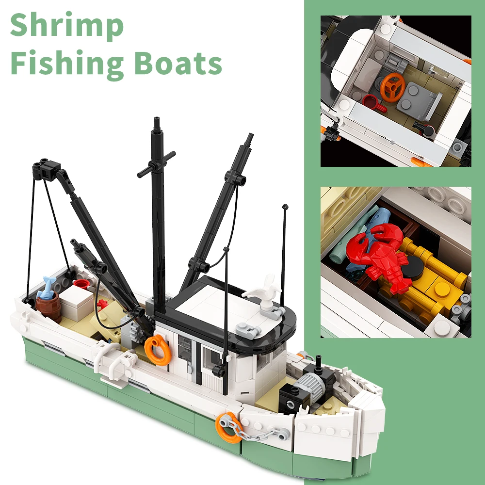 MOC Nautical Model Modern Shrimp Boat Ornament Small Particle Assembly Building Block Set Toys For Gift Collect