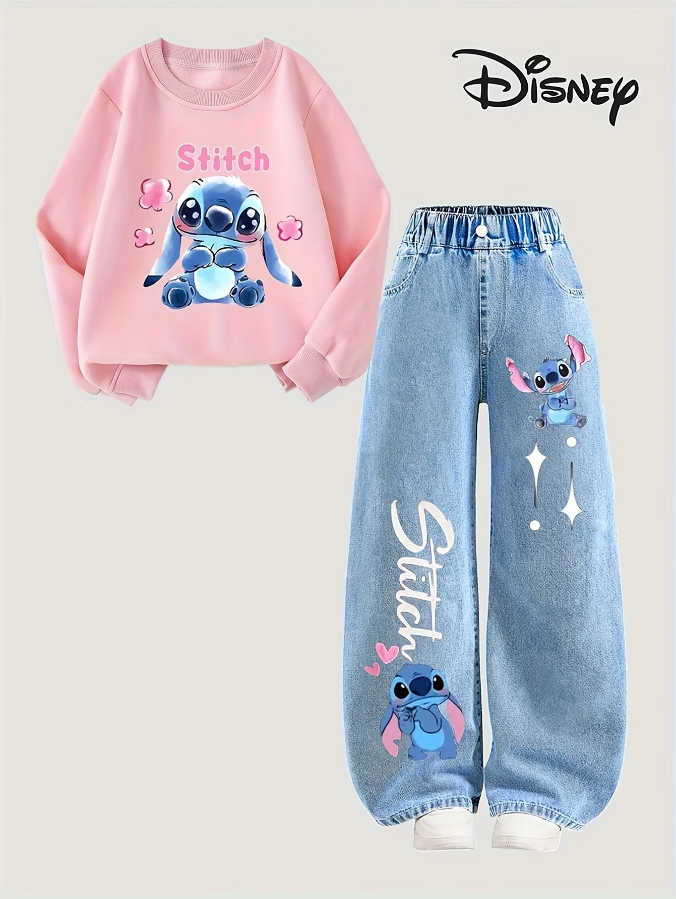 【Conjunto de 2 piezas】Disney - Ropa infantil con estampado de puntadas, sudadera deportiva rosa para niña + conjunto de jeans, se adapta bien y es cómodo.02
