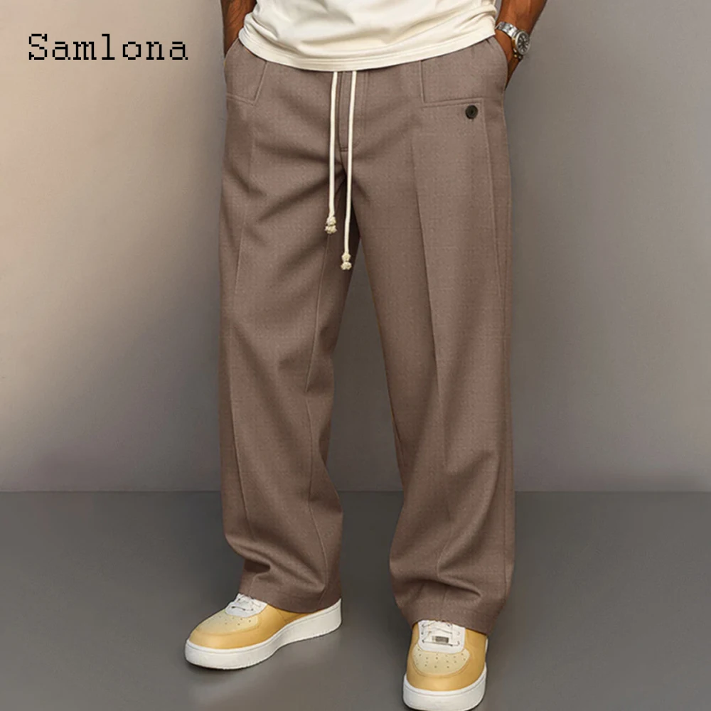 2025 بنطال مستقيم غير رسمي بجيب واقف للرجال مقاس كبير 3xl بنطلون رجالي فضفاض برباط بطول الكاحل قيعان كاكي أصفر