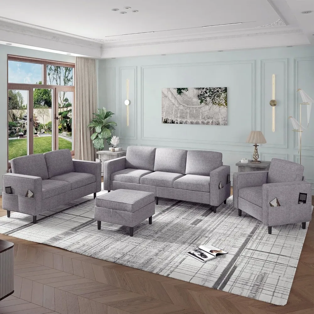 L Shaped Sofa Sets, 4 Pieces for Living Room, Living Room Sofa and Loveseat Set, Movable Ottoman for Appartment