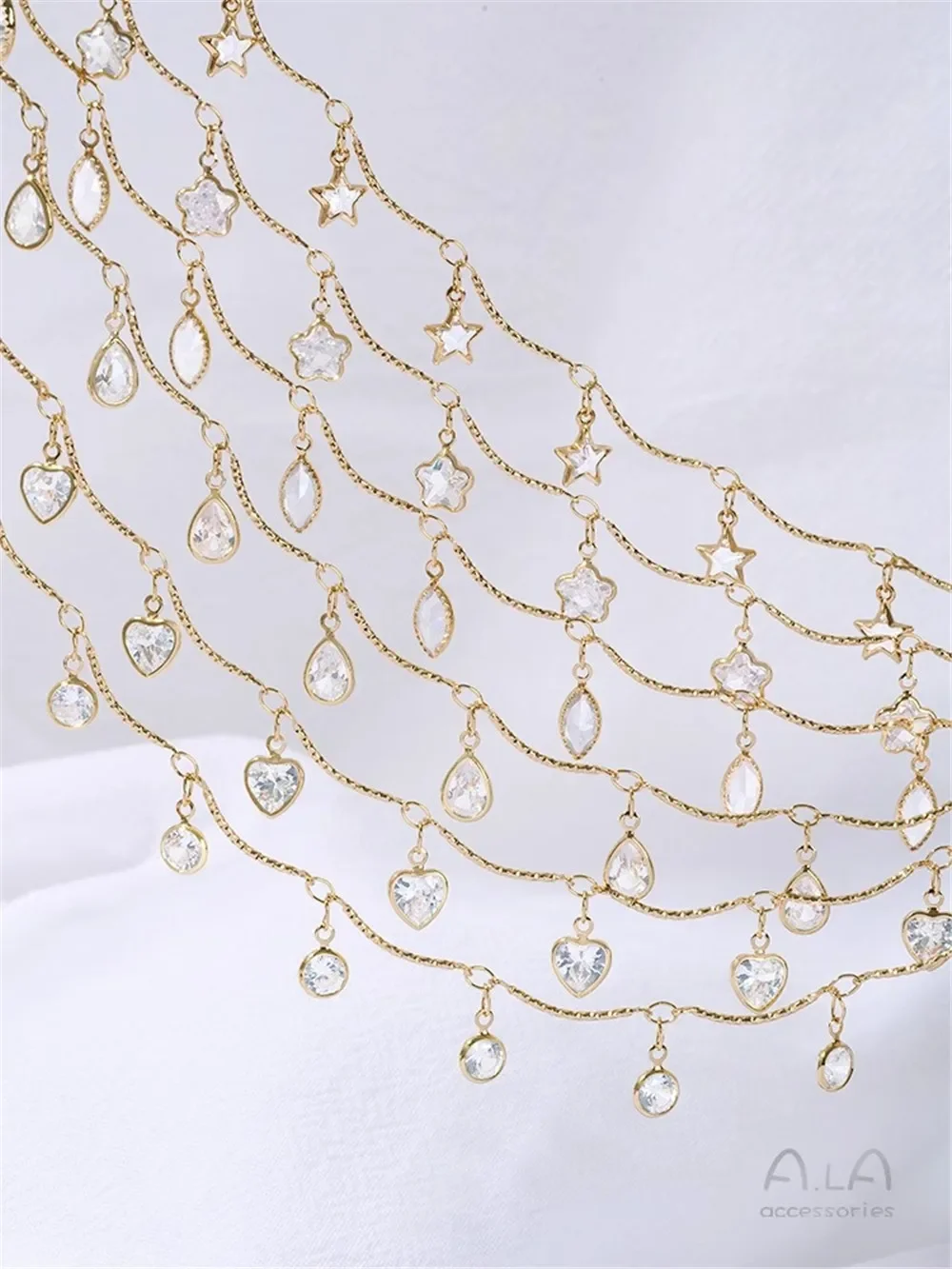 14K Gold-coated Hanging Zircon Heart Drops Five-pointed Star Flower Bent Bar Chain Diy Handmade Jewelry Loose Chain C005