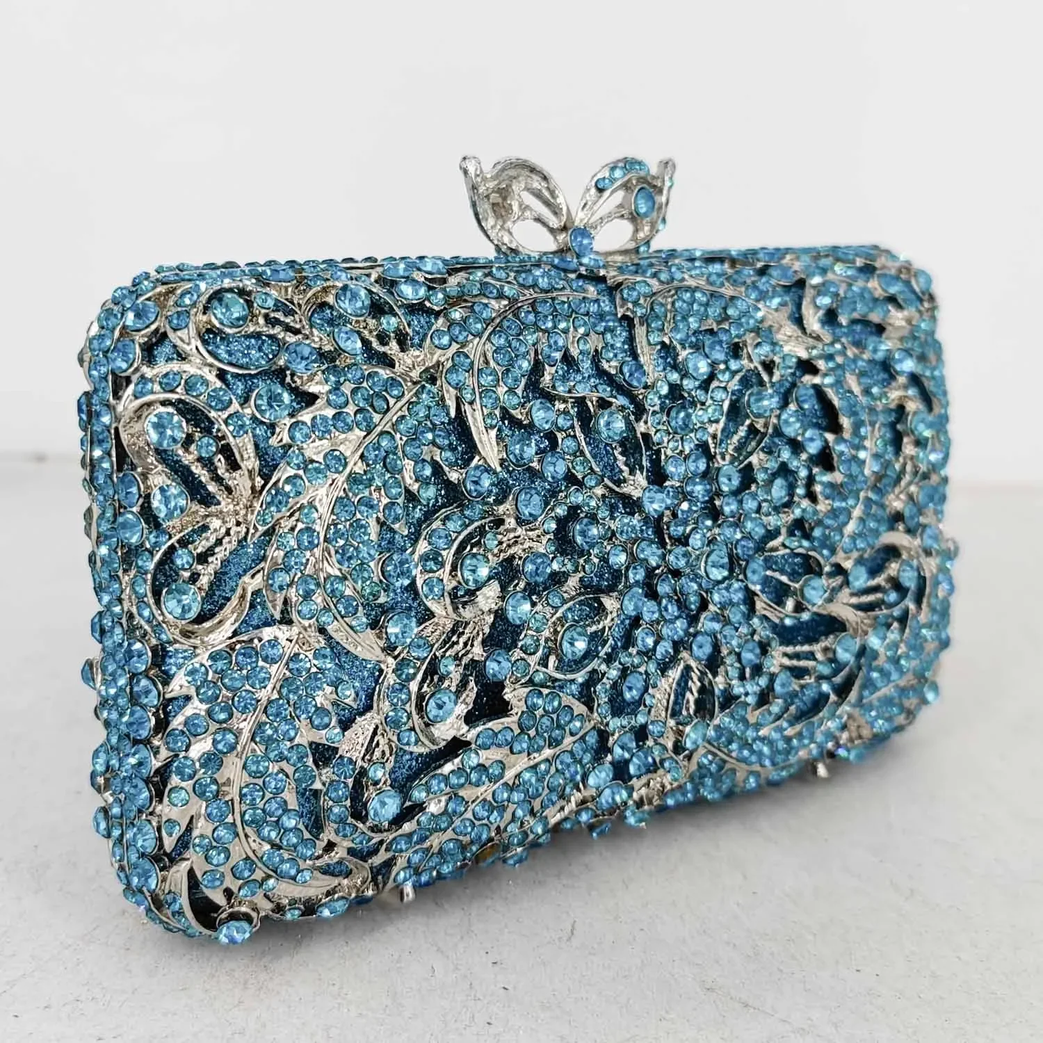 Boutique De FGG Turquoise Blue Women Crystal Clutch Evening Bags Rhinestone Flower Minaudiere Handbags Wedding Party Purse view 3