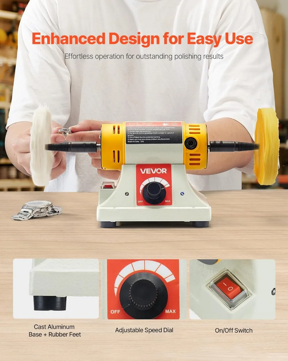 1/2HP Bench Buffer Polisher, 0-8000RPM with Cotton Wheels & Abrasive Wheels for Metal Jewelry Wood