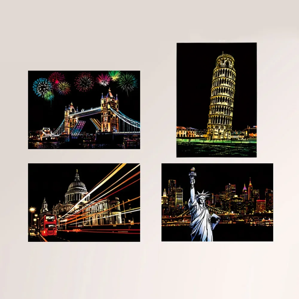 4Pcs/set Creative DIY Scratch Scraping Painting Night View Sightseeing Pictures Toys For Children Handmade Educational Toys Gift