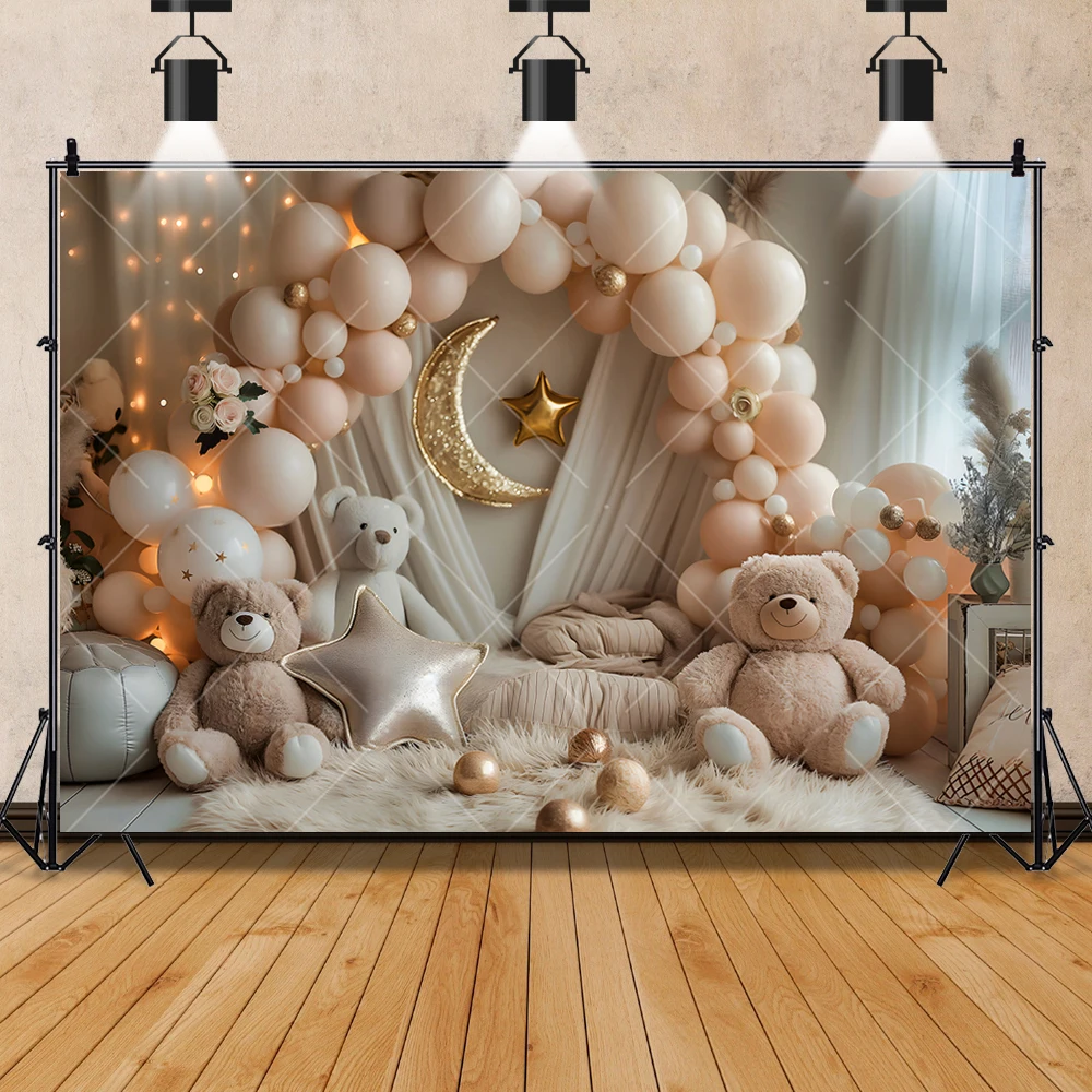 Cute Teddy Bears Photography Background Custom Ball Pink Flowers Birthday Party Decor Banner Kids Portrait Photography Backdrops