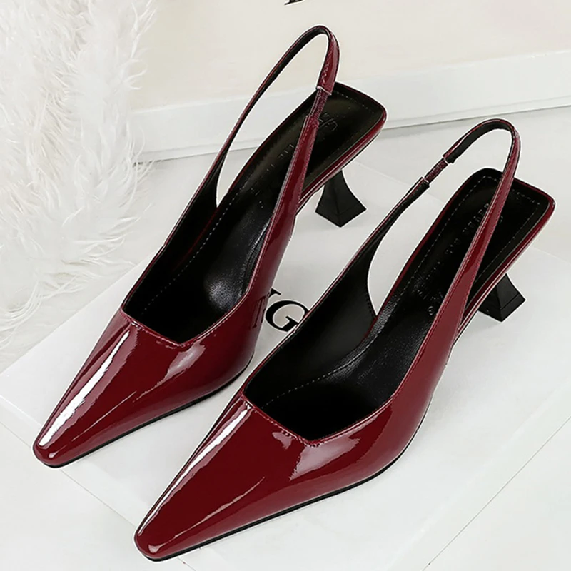 Women Concise Glossy Leather 6cm High Kitten Heels Sandals Female Elegant