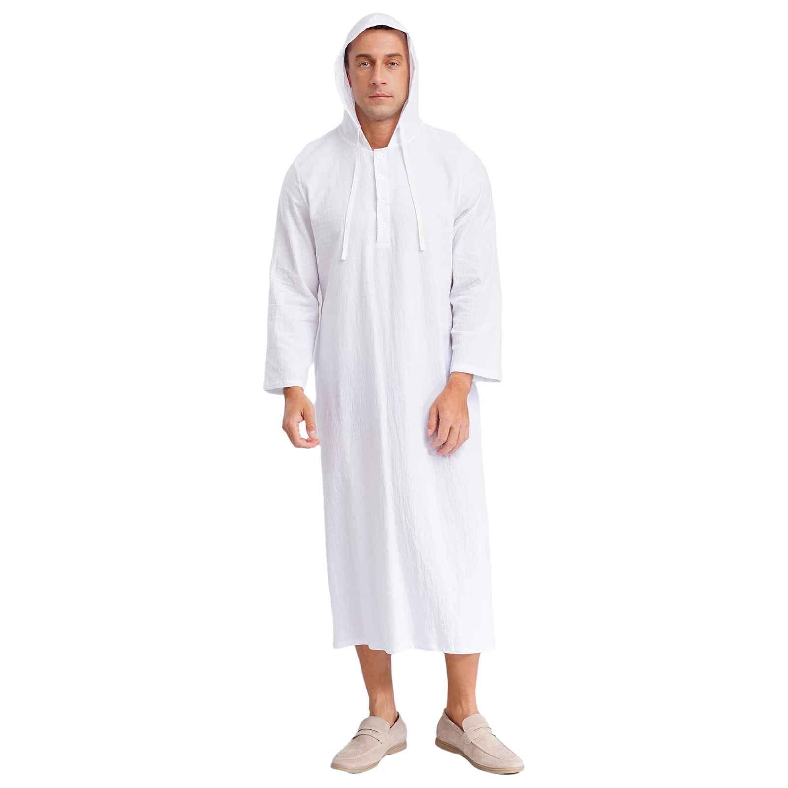 Mens Jubba Thobes 리넨 이슬람 가운 주머니가있는 후드 중동 이슬람 아랍어 모로코 Kaftan Eid기도 긴 가운 드레스