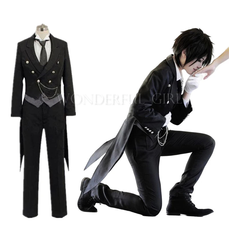 Anime Black Butler Kuroshitsuji Sebastian Michaelis Cosplay Costume Black Uniform Outfit+Brooch Halloween Costumes for Women Men