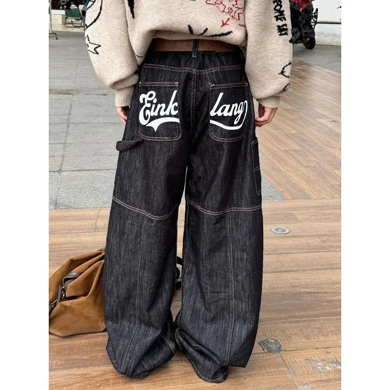 

Deeptown Vintage Letter Print Women Cargo Jeans Y2k Harajuku Scimitar Wide Leg American Retro Denim Pants Baggy Kpop Streetwear