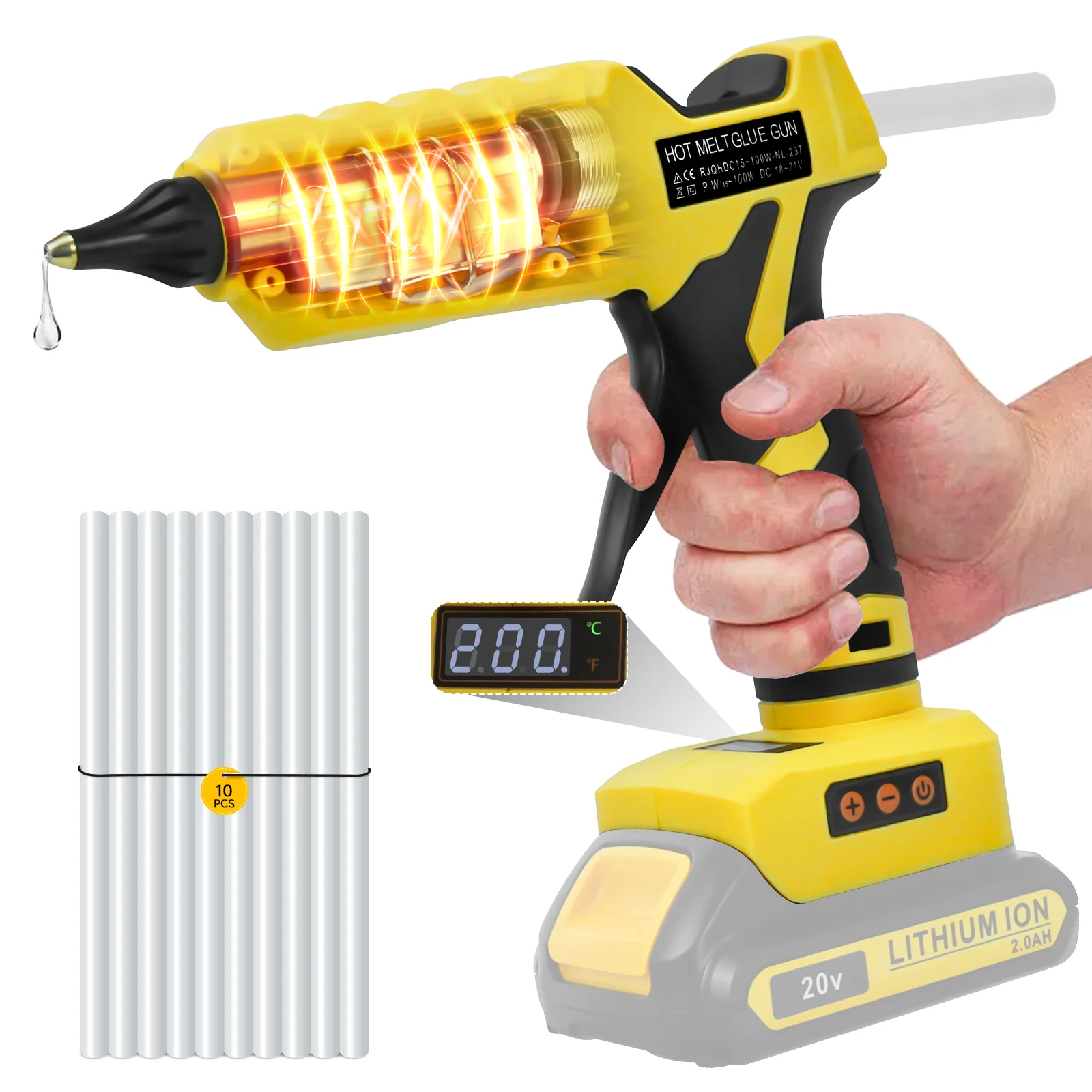 

100W Cordless Hot Glue Gun 100°C-200°C Temp Adjust LCD Digital Display with 10Pcs 11mm Glue Sticks for Dewalt 20V Battery