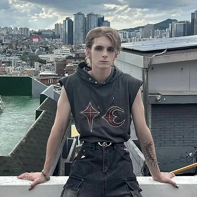 

Thug Club 2026 New Wasteland-Style Star Moon Hooded Dirtyfit Destroyed Sleeveless Vest T-Shirt Summer
