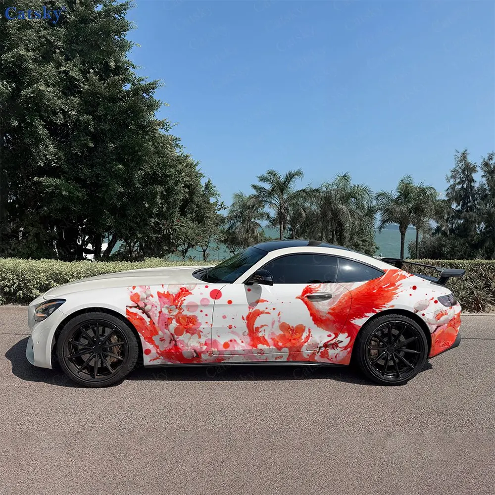 

2pcs Pink Phoenix Sakura Dance, Durable, Fade-resistant, Enhance Vehicle Aesthetics With Bold Artistic Design Car Vinyl Wraps