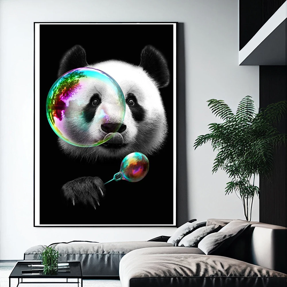 

Cute Panda Blowing Bubbles Canvas Painting Black And White Animal Poster Nursery Cartoon Wall Art Living Room Home Decoration