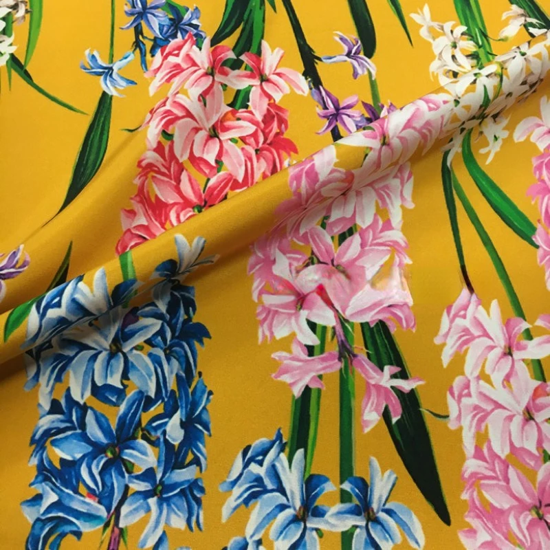 145*50cm European brand yellow bottom hyacinth digital printing imitation silk elastic satin clothing fabric