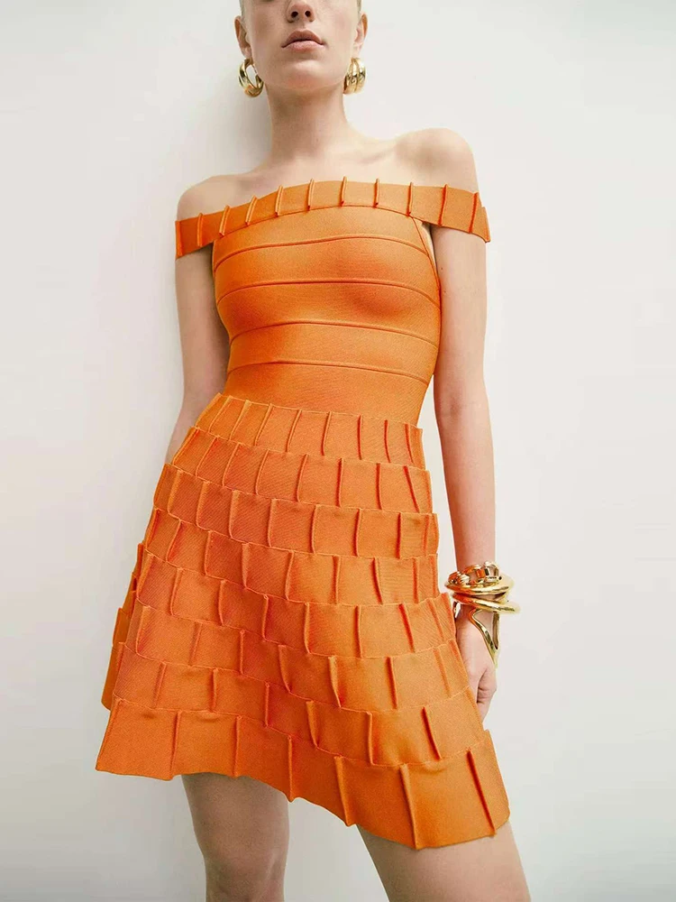 

Sexy Off The SHoulder Pleated Bandage Dress Women Orange Sleeveless Backless A-line Mini Dresses Evening Party Cocktail