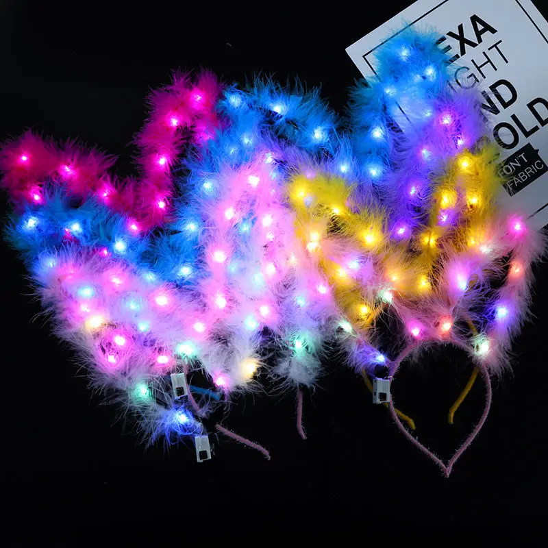 LED Glow Rabbit Bunny Feather Cat Ears 14 Lights Headband Light Up Headwear Party Props Girl Birthday Wedding Party Decoration