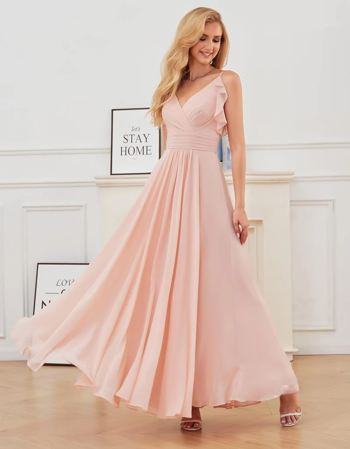 スパゲッティストラップ V ネックブライズメイドドレス 女性用 ロングフリル シフォン スパゲッティストラップ A ライン プリーツ フォーマルイブニングドレス