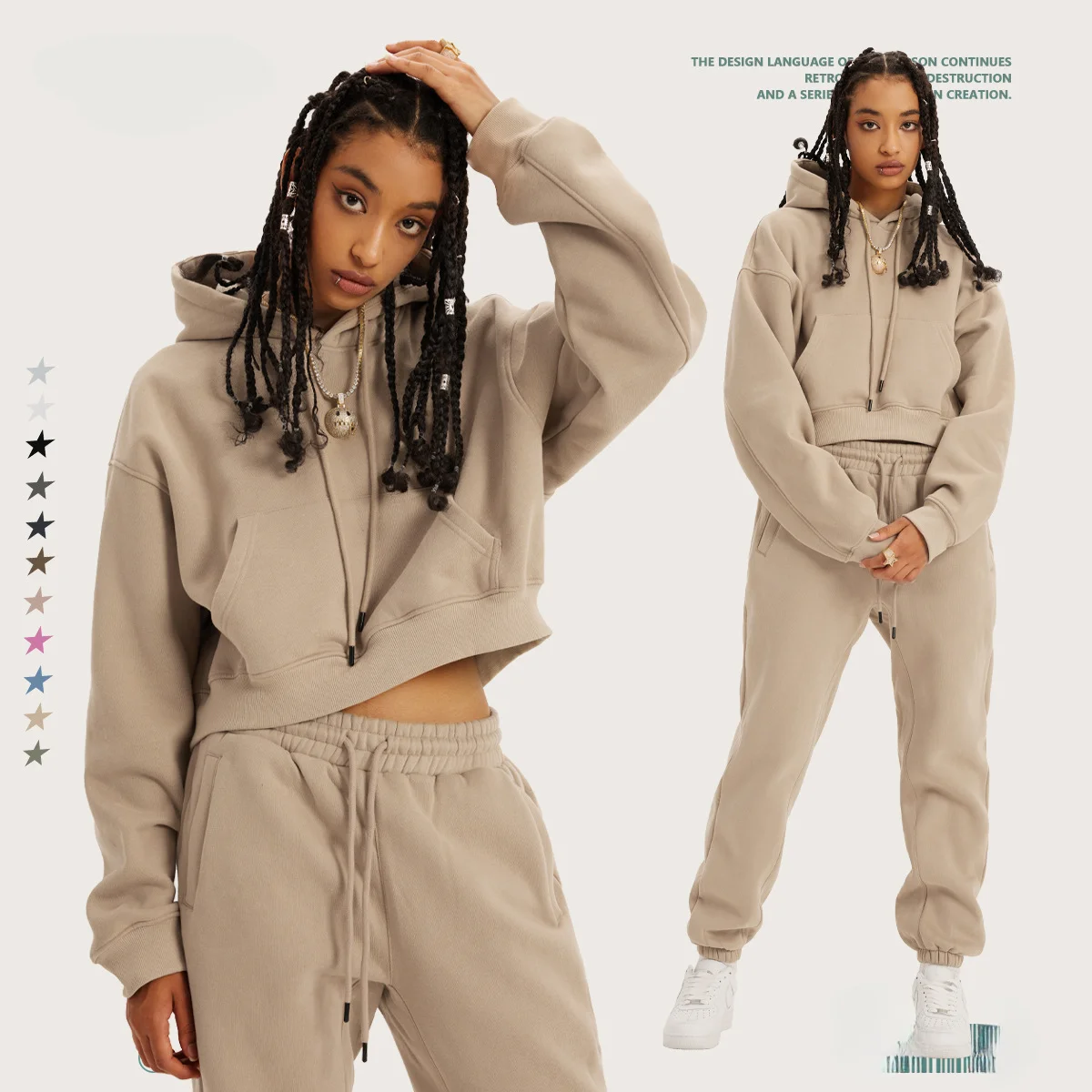Custom LOGO women\'s 2024 autumn winter velvet thickened 345G cotton polyester sweater sweatpants Spice girl leaking navel suit