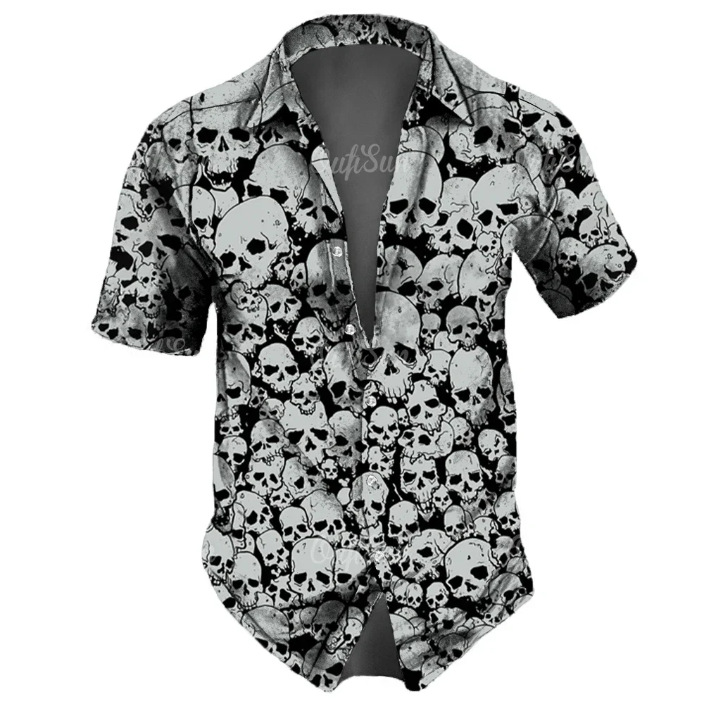 2023 Skull Men\'s Shirts Lapel Streetwear Vintage Shirt For Men Street Hip Hop Short Sleeve Top Party Summer Men Hawaiian Shirts