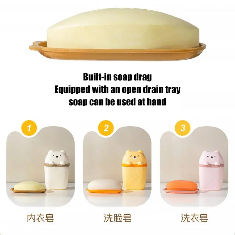 Travel Shampoo Bar Container Cleaner Bar Soap Holder Cute Bear Shape Body Washing Bar Travel Case With Draining Hole Long Trips