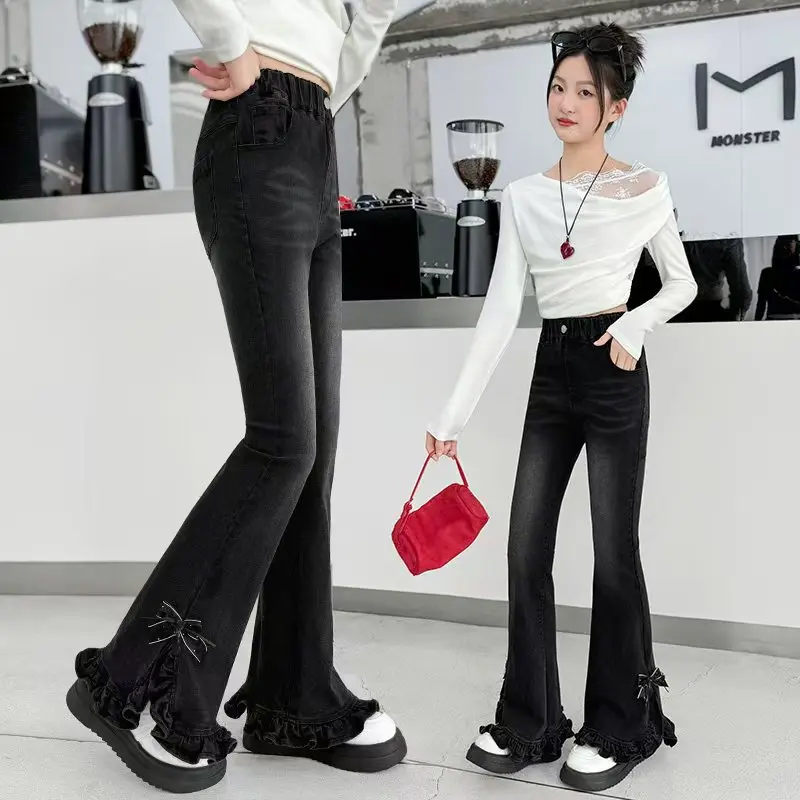 2026 Spring Autumn Teenager Girls Jeans Children Bell-Bottoms Denim Tight Pants 4 8 9 10 11 12 14 Years Baby Trousers Kids Bow