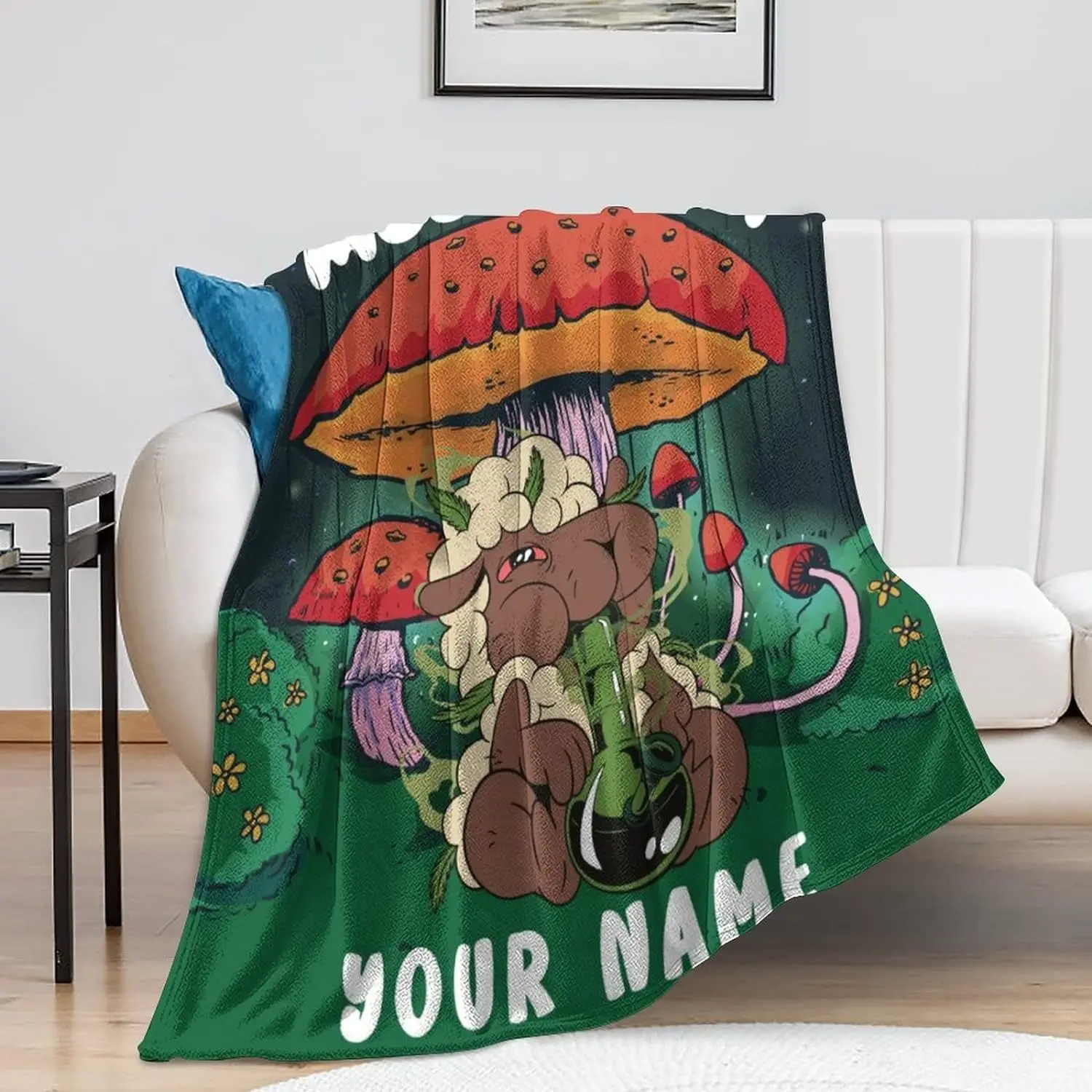 Customized Mushroom, Hemp, and Weed Blanket with Name - Men's and Women's Dual Size Blanket - Bed, Soft Flannel Blanket