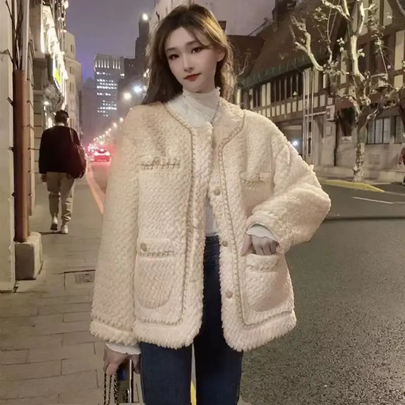 Imitation Fur Elegant Luxury Wool Thickening Warm Jackets Womens Autumn Winter O Neck Single Breasted Loose Coat Korean Fashion