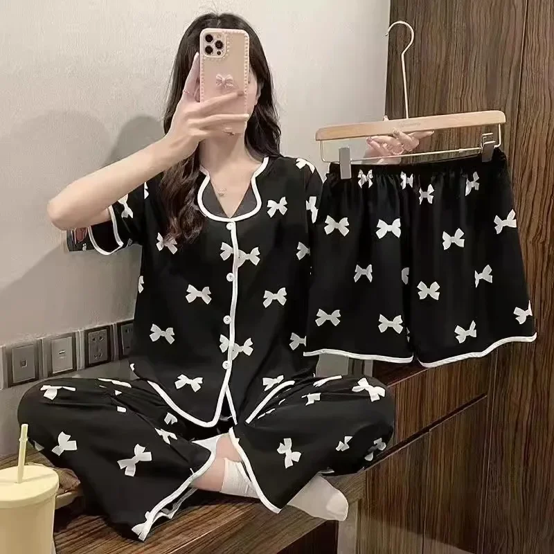 Lady 3/pce Summer Pajama Set Women Stamp Long Lsleeves Shorts Pants Casual Loungewear Girls Loose Elastic Band Pajama Sleepwear