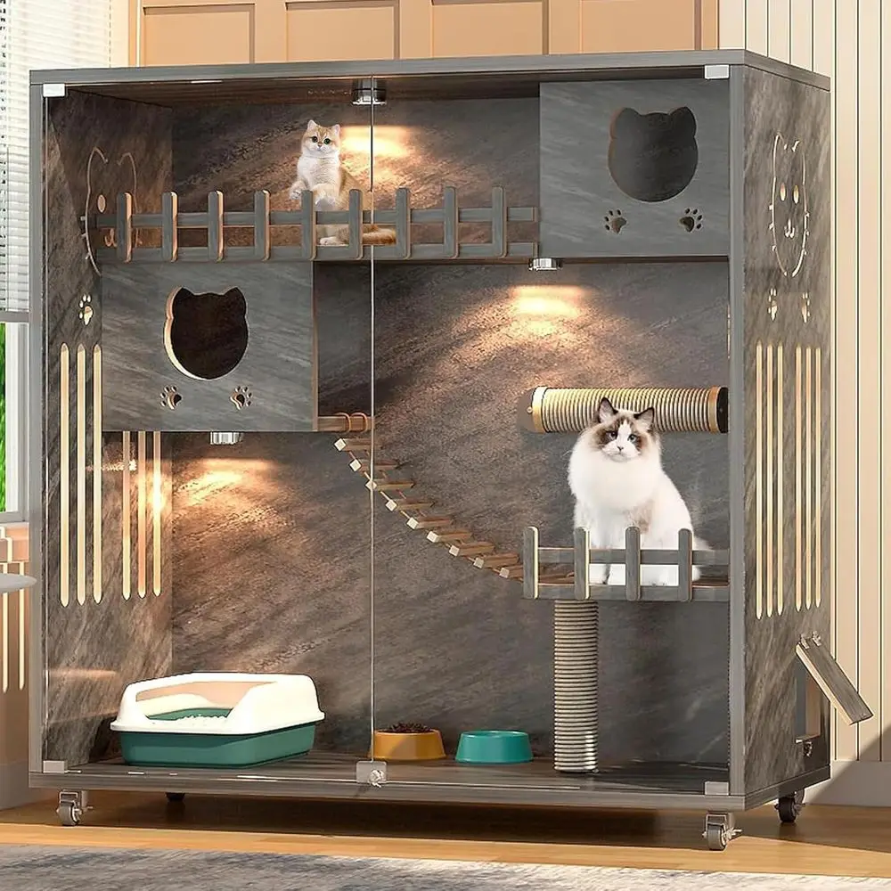 

Large Indoor Wooden Cat Condo with Glass Doors, Wheels, and Ventilation, 50x48x24 Grey