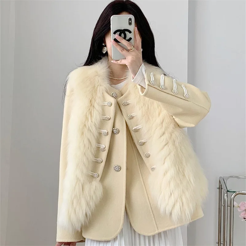 2024 Winter New Style One Piece Three Wear Double sided Cashmere Coat Women's Fox Fur Vest Two Piece Set Wool Fleece Fur Coat