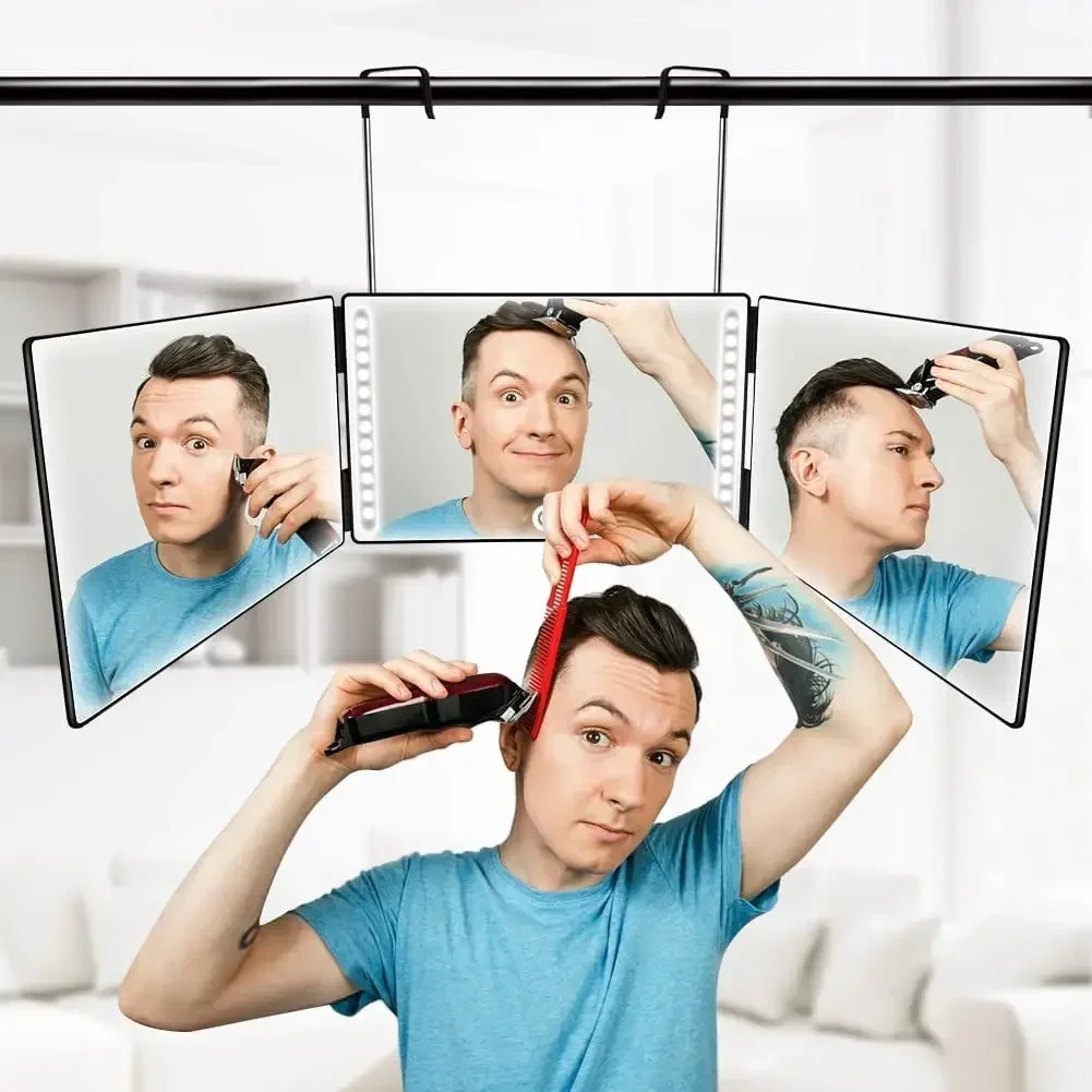 Faltbarer, LED-beleuchteter Schminkspiegel, Haarschneidespiegel, dreiseitig, ausziehbarer Haken, Kosmetikspiegel, kompaktes tragbares Design