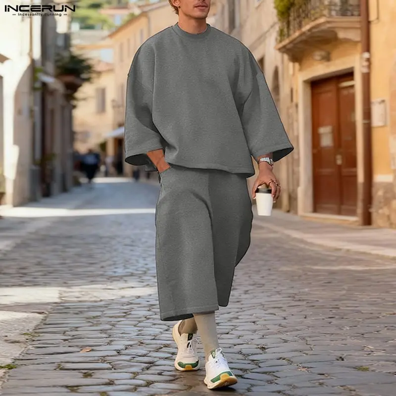 INCERUN Männer Sets Einfarbig Baggy 3/4 Ärmel Hoodies & Wadenlangen Hosen Zwei Stücke Sets Streetwear Lose Mode männer Anzüge