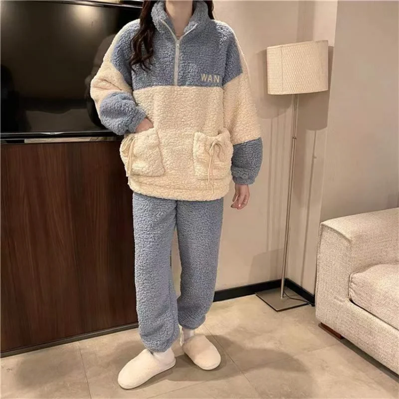 Pajamas Sets Women Coral Fleece Winter Thick Warm Flannel 2Piece /Set Pyjamas Suit Casual Nightwear Home Clothes Soft Sleepwear